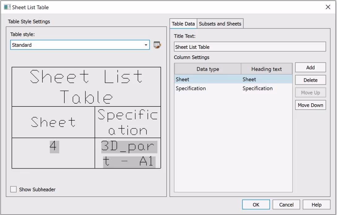 Diálogo para configurar la Tabla de Lista de Planos