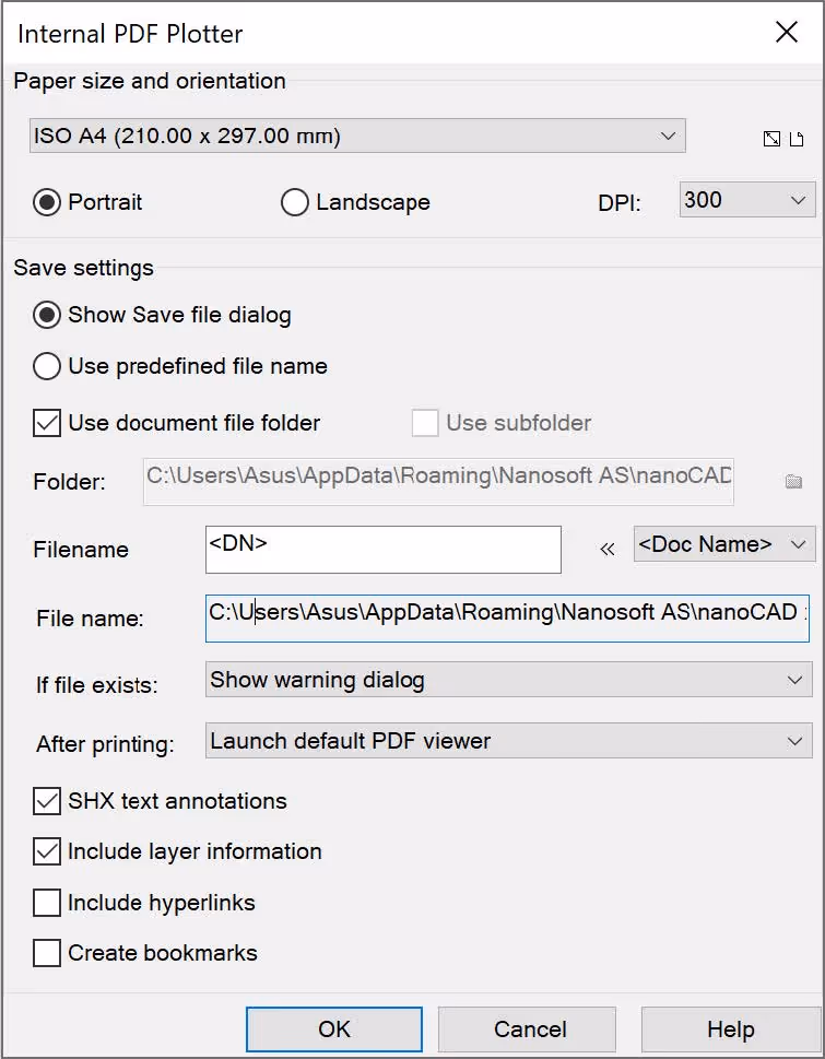 Diálogo del Trazador PDF Interno con nuevas opciones