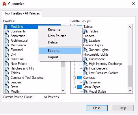 Exportación de una paleta desde AutoCAD