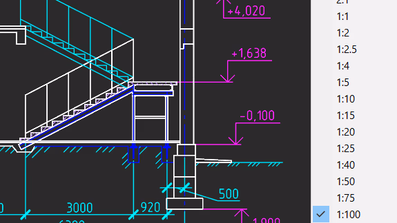 Detalle constructivo con cotas y selector de escalas en nanoCAD Construction