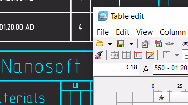Tabla técnica y editor de celdas dentro de un dibujo de nanoCAD Construction
