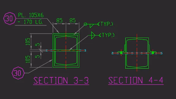 Plano mecánico con secciones, cotas y símbolos técnicos creado en nanoCAD Mechanica
