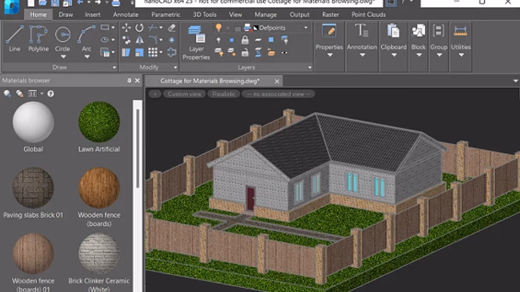 Modelo arquitectónico 3D visualizado con materiales en nanoCAD