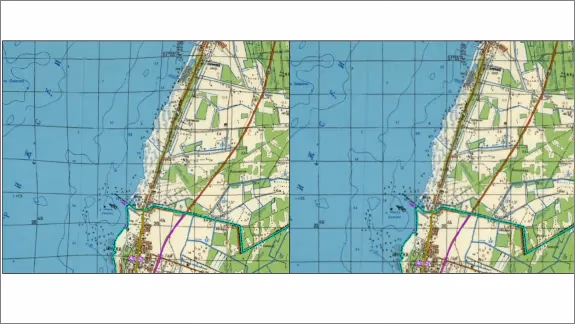 Mapa escaneado antes y después de corregir su geometría