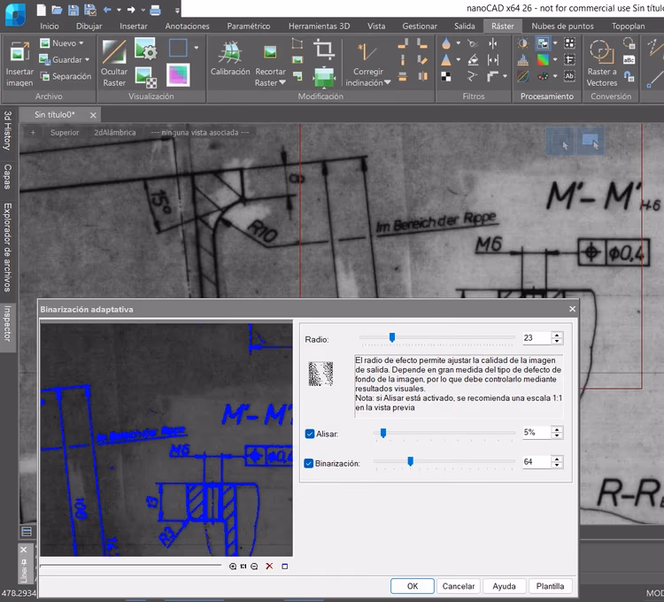 Interfaz de nanoCAD Raster con un plano escaneado y la configuración de binarización adaptativa