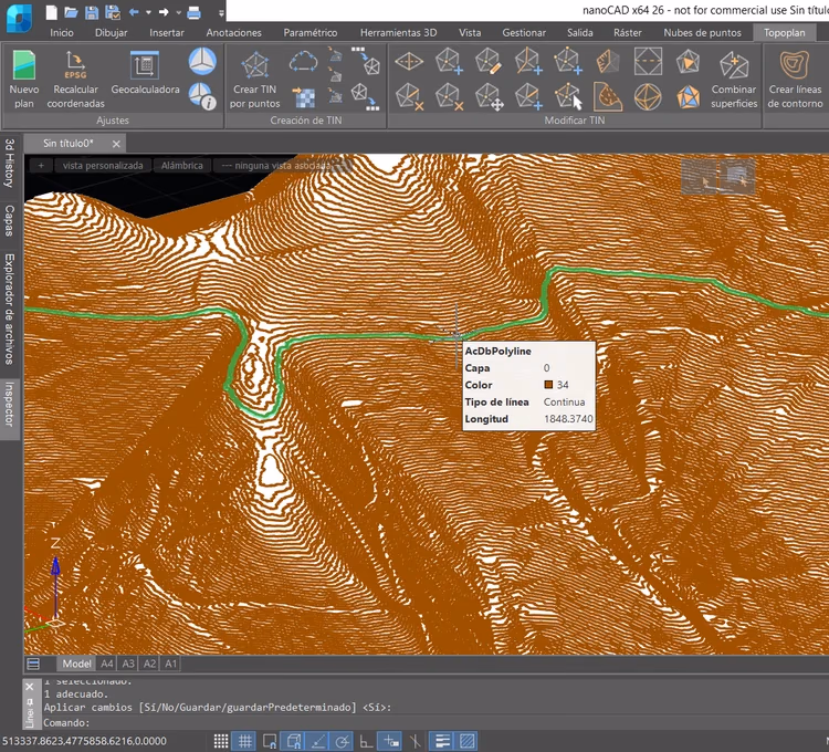 Modelo topográfico con curvas de nivel abierto en nanoCAD Topoplan