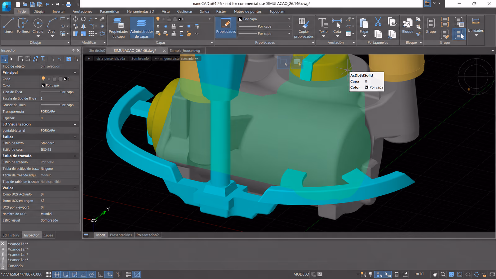 Interfaz de nanoCAD 26 con cinta de herramientas, panel de propiedades y modelo mecánico 3D