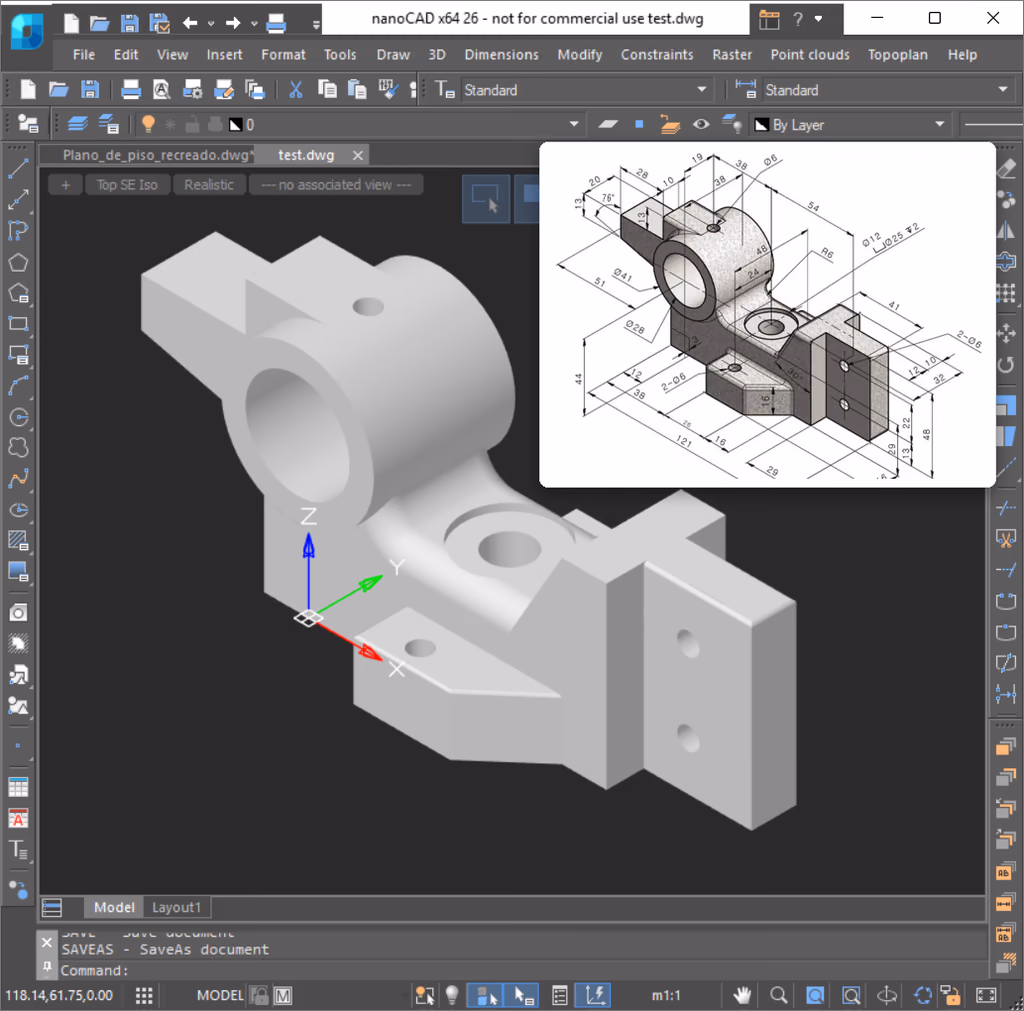 Modelo 3D de una pieza en nanoCAD junto al croquis con medidas utilizado como referencia