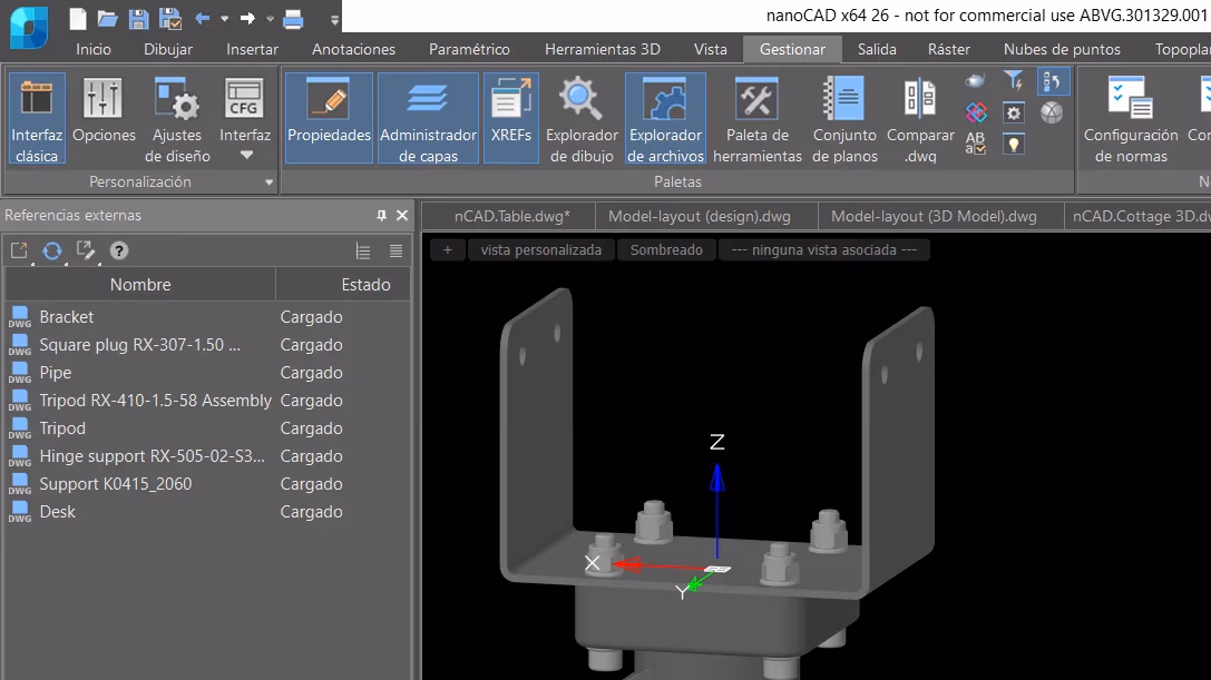 Panel de referencias externas de nanoCAD con varios dibujos DWG vinculados