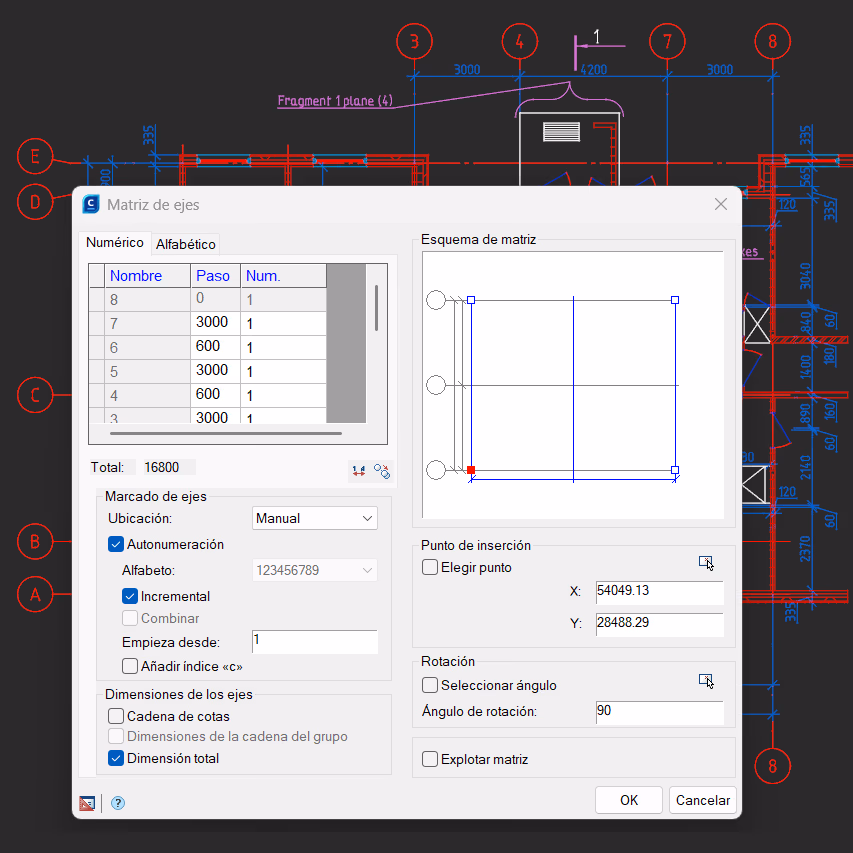 Plano constructivo y configuración de una matriz de ejes en nanoCAD Construction